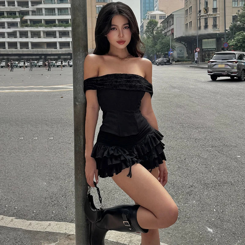 Bxoxo Off Shoulder Solid Sexy Fashion Backless Strapless Fairycore Skirt Set 2025 Spring New Prom Party Evening 2 Pieces Set