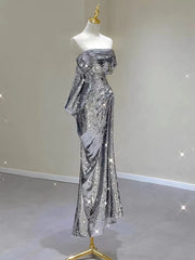 BXOXO Silver Shiny Cocktail Dresses Strapless Ruched Sleeveless Mermaid Sequins Light Luxury Red Carpet Woman Evening Prom Party Gowns