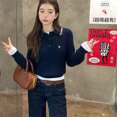 Bxoxo Preppy Style Embroidery Sweaters Women Old Money Style Korean Knitted Pullover Vintage Long Sleeve Gray Polo Jumpers