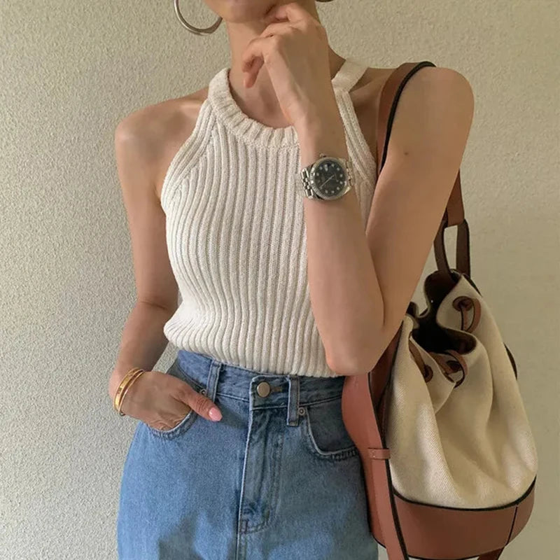 Bxoxo Elegant Slim Knitted Camis for Women Summer Korean Chic O Neck Sleeveless Tank Y2K Solid Simple Basic All Match Vest Mujer