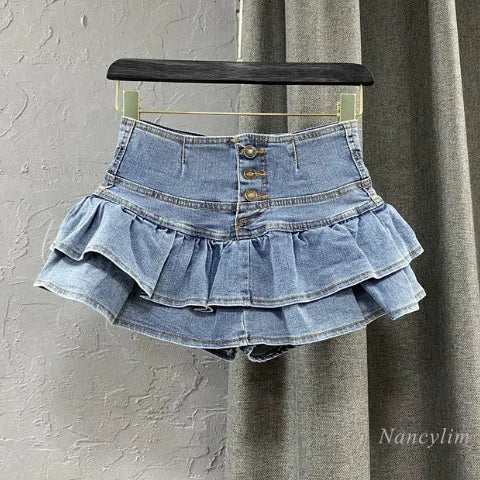 BXOXO Single-Breasted Harajuku Ruffles Cake Denim Skirt Girl High Waist Woman Summer Sexy Jeans Y2K Students Kawaii Pleated Skirt