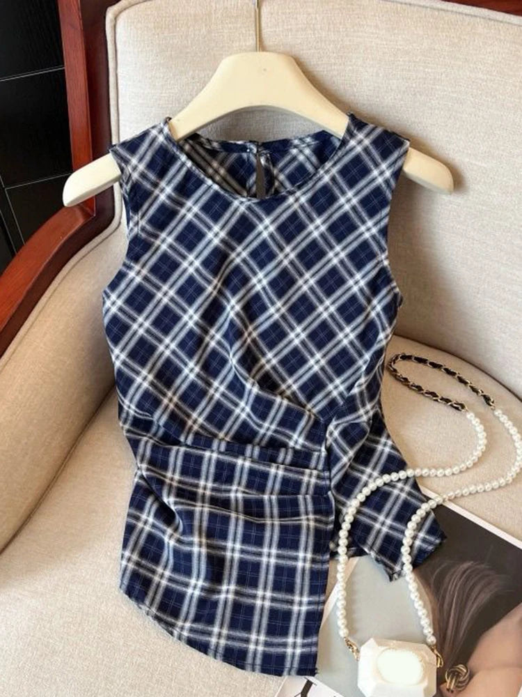 Bxoxo Retro Women Red Plaid Tanks Casual O Neck Slim Korean Vintage Tanks Summer Sleeveless Irregular Female Design Simple Tops