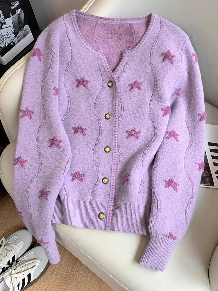 Bxoxo Stars Print Vintage Cardigan Women Casual Cute Long Sleeve Loose Knitted Sweater Korean Retro O Neck Female Purple Tops New