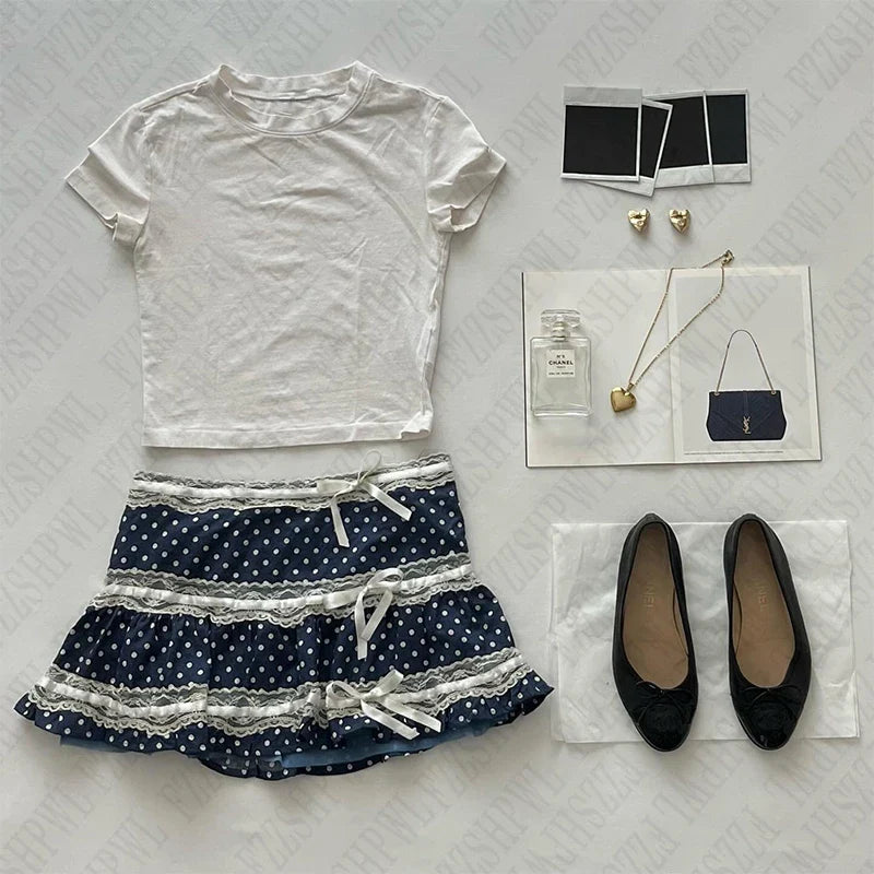 BXOXO Vintage Y2K Harajuku All-match Casual Women's Skirt Emo Girls Punk Hip-hop Rock Fashion Lace Bow Chic Aesthetic Sweet Mini Skirt