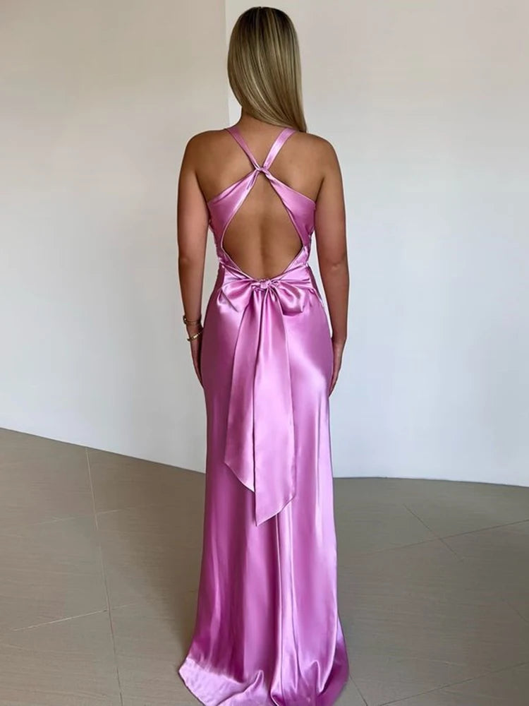 BXOXO  Satin Bow Backless Sexy Maxi Dress For Women Gown Fashion V Neck Sleeveless Club Party Evening Dress Elegant