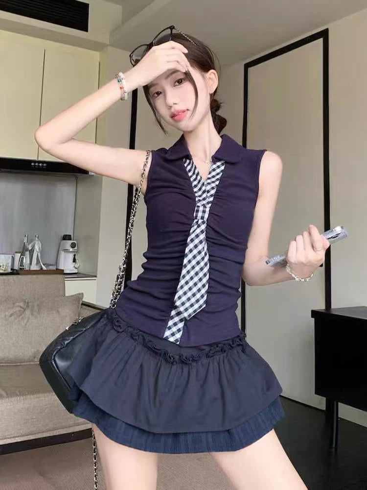 Bxoxo Plaid Tie Hot Girl Skirt Suit Summer New V Neck Patchwork Sleeveless 2 Piece Set Female High Waist Sweet Preppy A Line Skirts