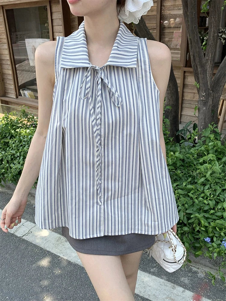 Bxoxo Vintage Striped Sleeveless Shirts Women Summer Loose Lapel Lace Up Blouse Y2K French Elegant Casual Female All Match Tops New