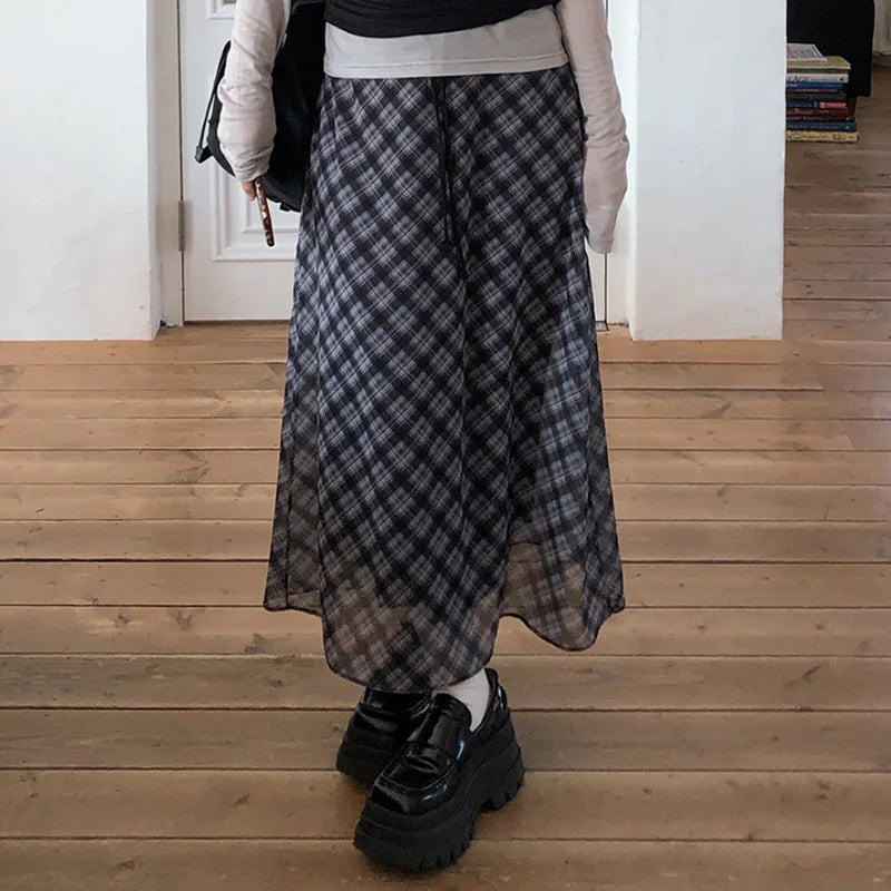 Bxoxo Preppy Style Plaid Print Mesh Skirt Casual All-match Loose A-line Long Skirts for Women Summer Retro Skirt Korean Fashion