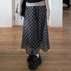 Bxoxo Preppy Style Plaid Print Mesh Skirt Casual All-match Loose A-line Long Skirts for Women Summer Retro Skirt Korean Fashion