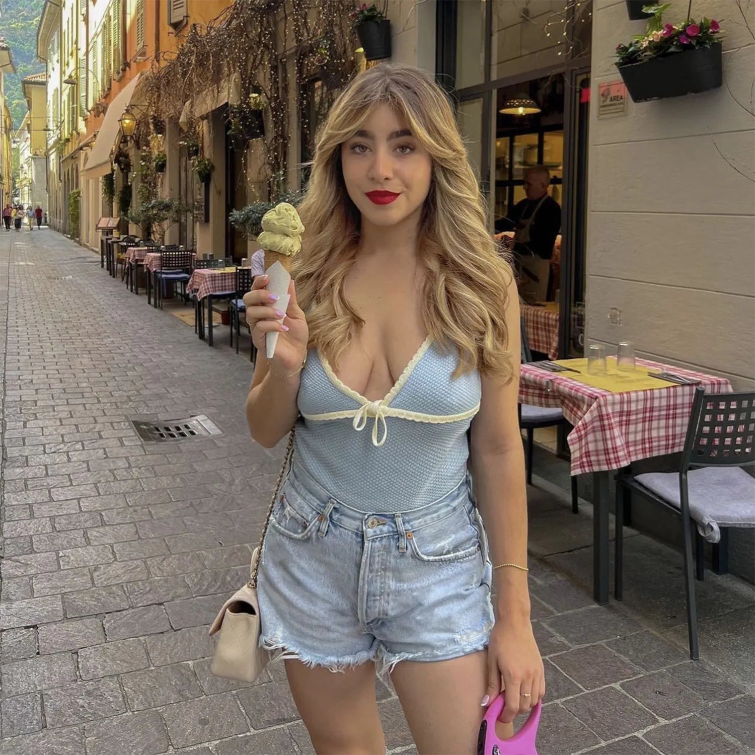 Bxoxo Knitted Deep V-neck Bow Women Crop Top Blue Patchwork Spaghetti Strap Tank Top Female Spring Slim Casual Streetwear 2024