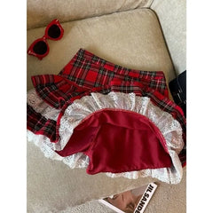 BXOXO Kawaii Ruffle Lace Plaid Skirts Women Sweet Elegant Mini Skirt Cutecore Autumn Winter Patchwork A-line Short Skirts
