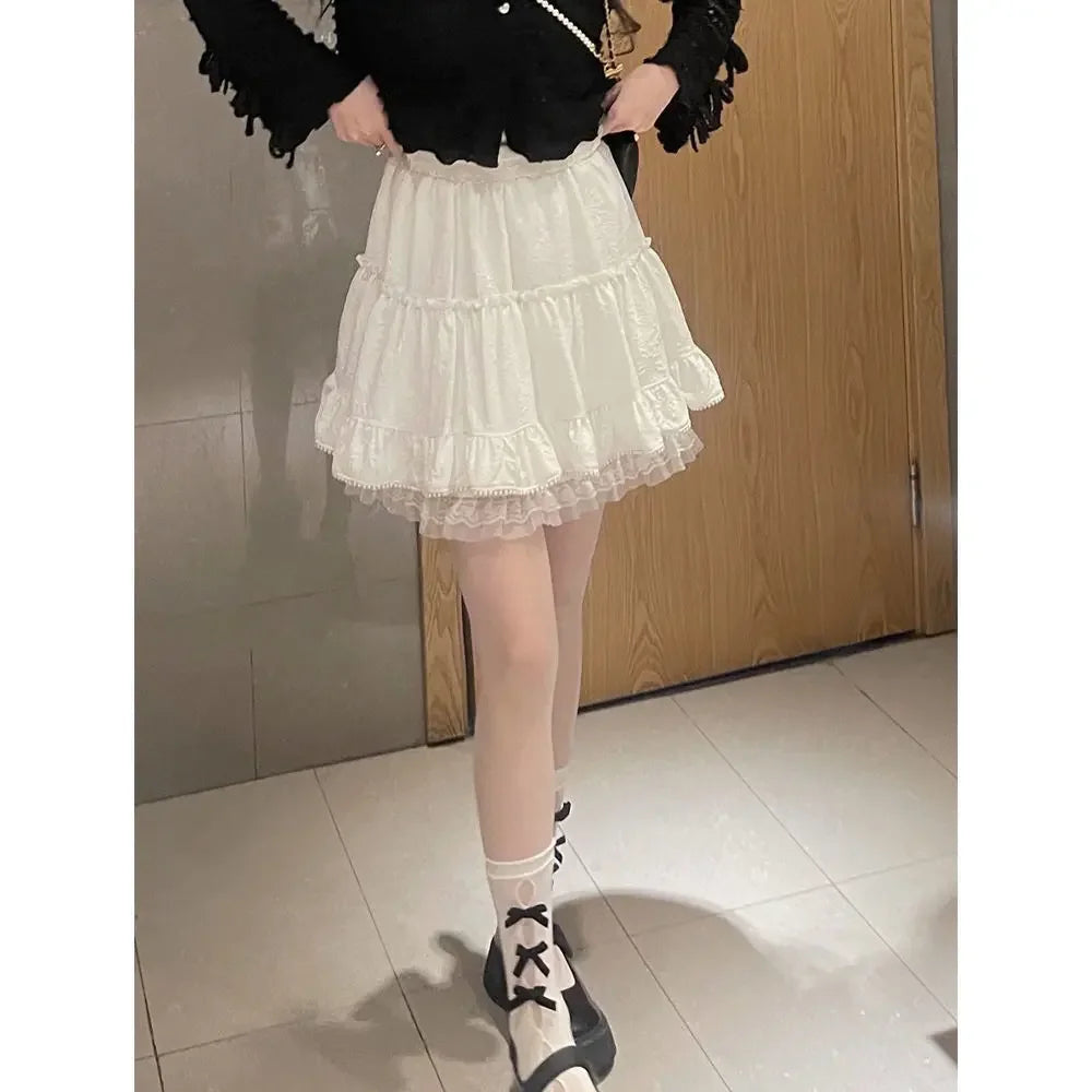 BXOXO White Lace Mini Skirt for Women Girl Kawaii Short Skirt for Summer Fairycore Clothes Korean Fashion Lolita Clothing Fairy Core