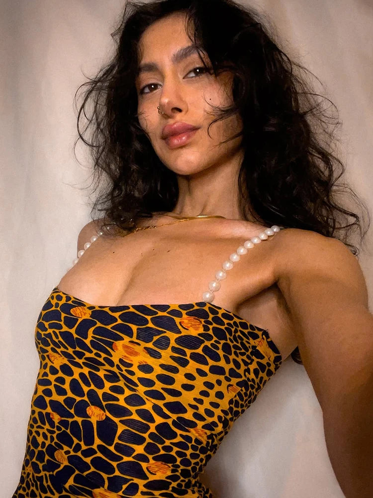 BXOXO Sexy Leopard Print Camisole Women Y2K Pearl Strap Backless Metal Rings Hollow Midnight Clubwear Rave Party Tank Tops