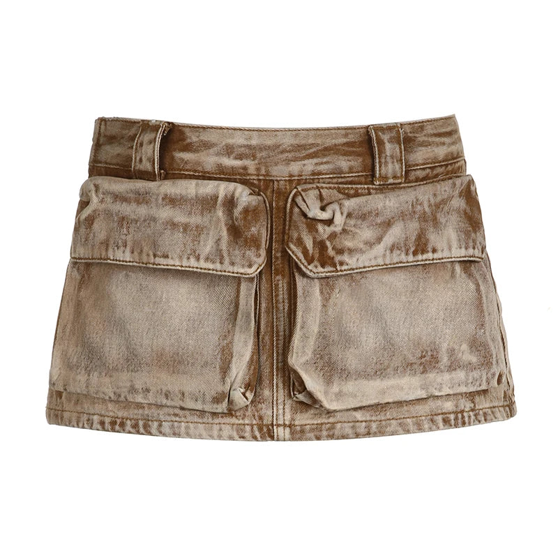 BXOXO Grunge Harajuku Cargo Mini Skirts Vintage Streetwear Denim Skirts Women A-line Low Waist Pocket Patch Clothes y2k 90S