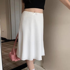 Bxoxo Elegant White Women Satin Skirt Fairycore Ruffle Mid Skirts Coquette A-line Basic Casual Korean Style Summer Silk Skirt