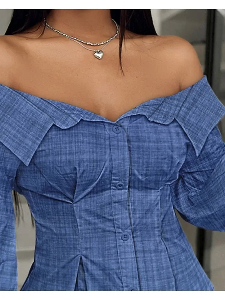 BXOXO Elegant White Shirts for Women Lantern Sleeve Off Shoulder Top Lady Blosues Long Sleeve Ruched Design Feamel Clothes Spring