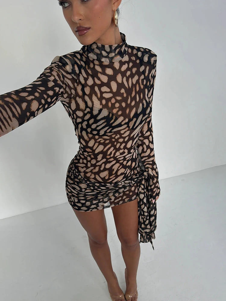 BXOXO Turtleneck Sexy Sheer Print Leopard Bandage Women Dress Long Sleeve Mini Dress Lady Spring Slim Elegant Party Club Dress