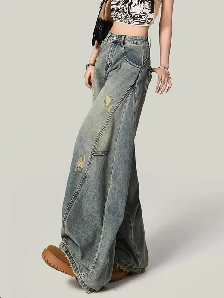 Bxoxo Women Y2K Hole Jeans Streetwear American Retro High Waist Loose Denim Pants Casual Hip Hop Vintage Pockets Lady Gothic Trousers