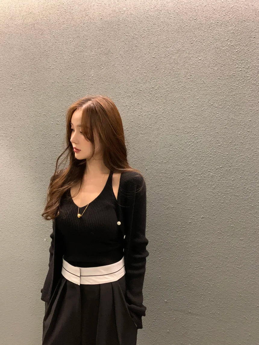 Bxoxo Chic Autumn New Vintage V-Ne Knitted Vest And Ele Sweater Cardigan Two-Piece Set Polyester Fiber Commute Sle