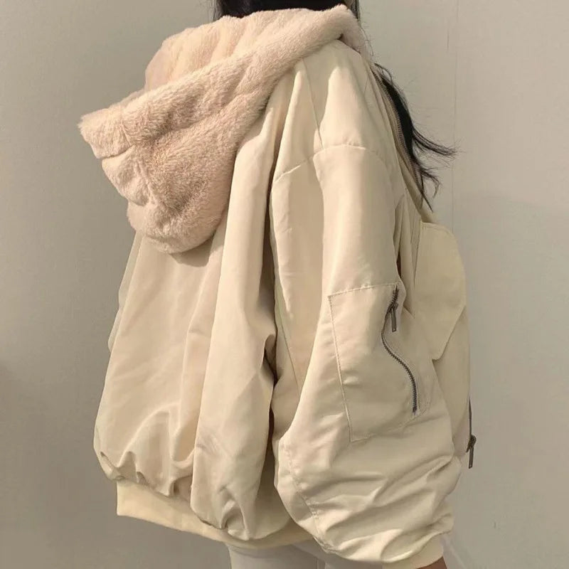 BXOXO Winter Thicken Warm Parkas Women Oversized Kawaii Double Sided Hooded Coat Ladies Korean Fashion Casual Loose Zip Up Jackets