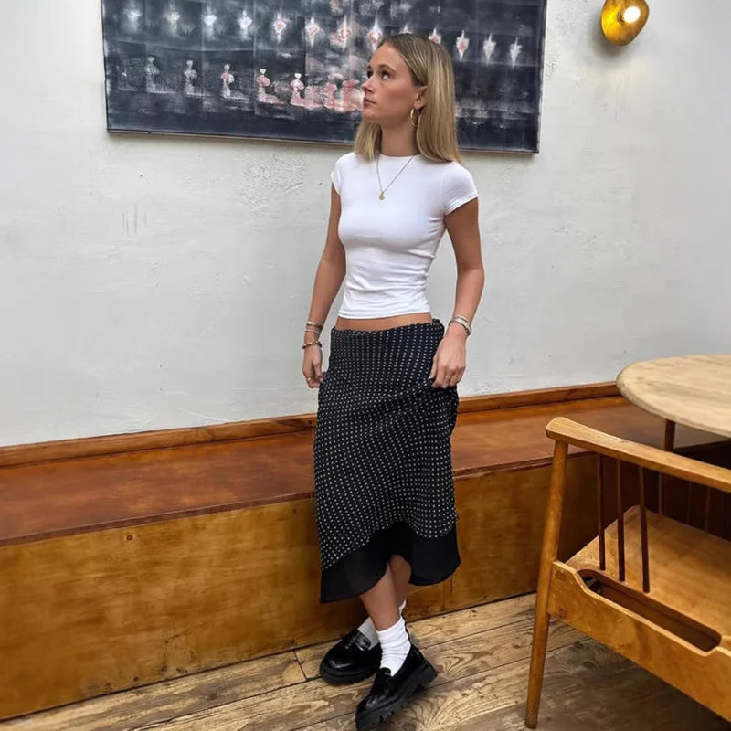 Bxoxo Polka Dot Mesh Long Skirt Summer Fashion Clashing Patchwork Slim Long Skirt Women Elegant Vintage Y2k Loose Long Skirt