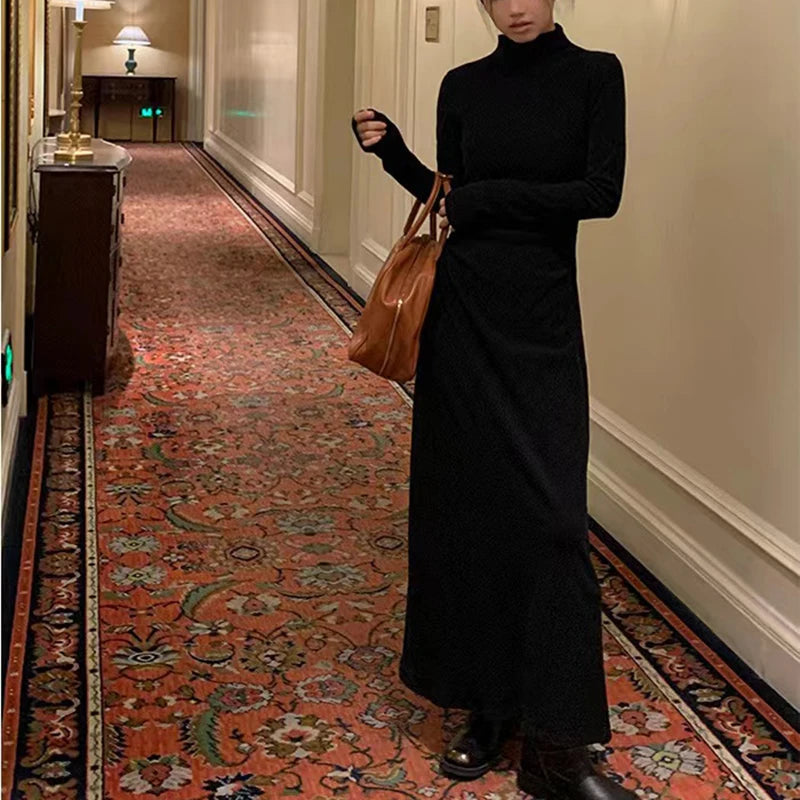 BXOXO  Autumn Half Turtleneck Dress Women Korean Elegant Black Hepburn Style Midi Dress Y2K High Waist Long Sleeve Warm A Line Vestidos