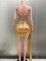BXOXO Gold Color Women Sexy 2 Pieces Strapless Bodycon Mini Dress Bar Singer Nightclub Party Celebrate Birthday Dress Wholesale