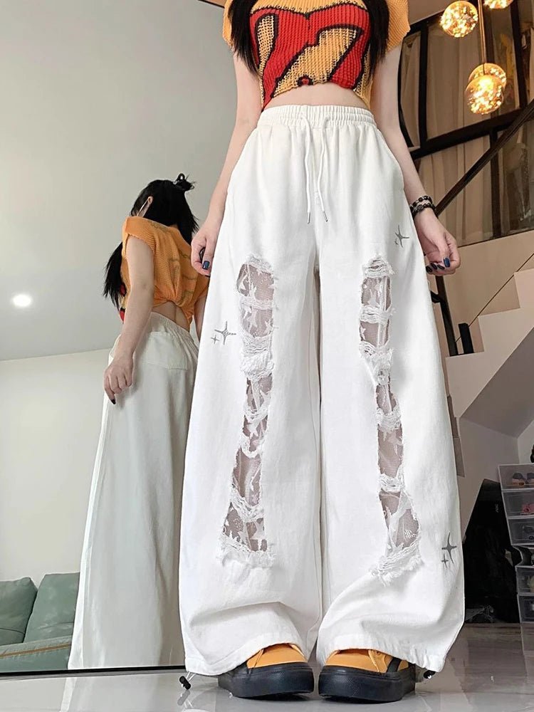 Bxoxo Y2K Hole Wide Leg Pant Women Streetwear Loose High Waist Lace Patchwork Trouser American Vintage Casual Harajuku Bf Pants