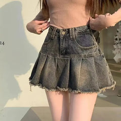 BXOXO Vintage Fringe Design Slimming High-waisted Denim Skirt Women's Mini Dress Plenty Wrinkles For Summer