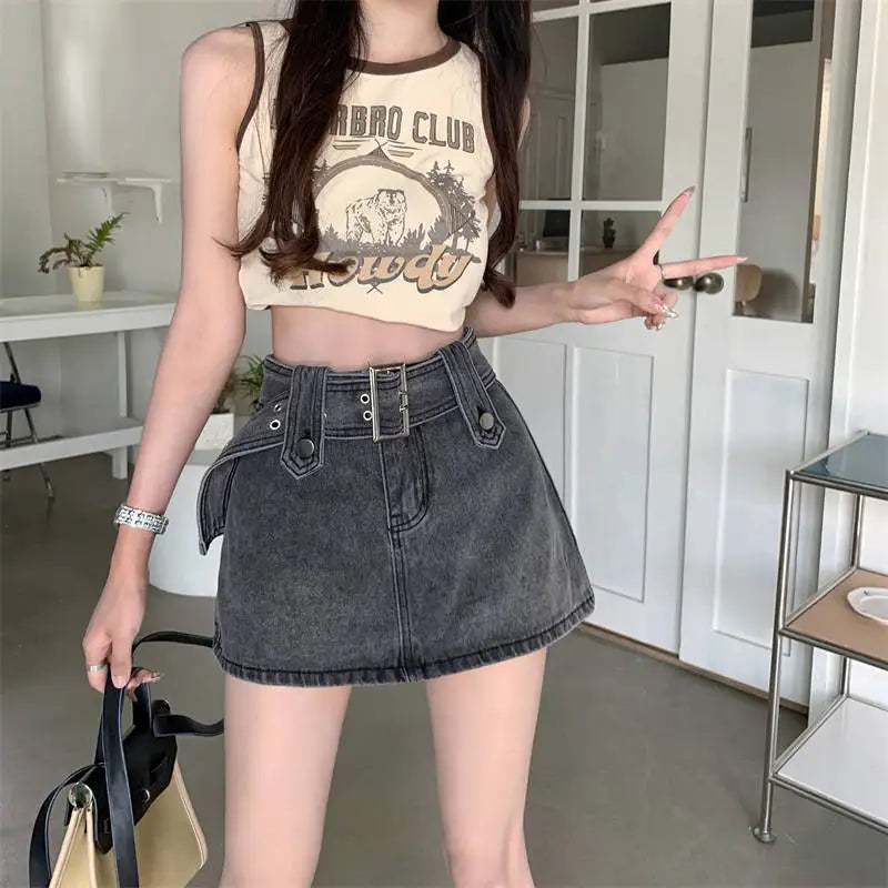 Bxoxo Mini Denim Skirt Women Vintage Sexy High Waist Belt A-line Slim Jeans Skirt Casual Y2K Skort Summer Korean Streetwear