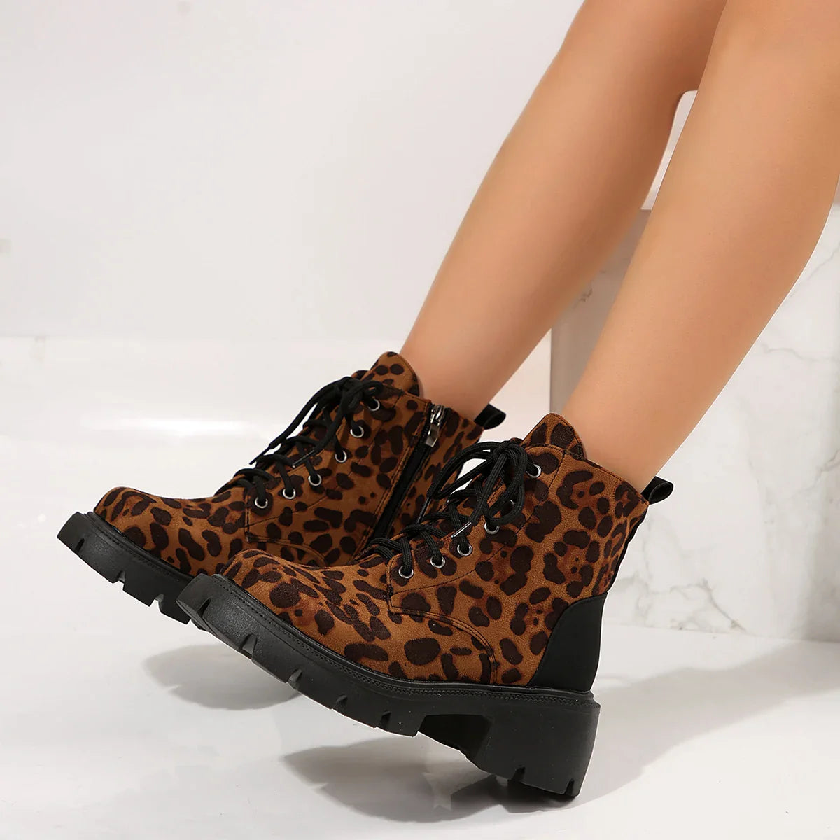 BXOXO Sexy Leopard Ankle Boots for Women Autumn Winter Low Square Heels Plus Size 43 Short Booties Shoes Woman Motorcycle Boots