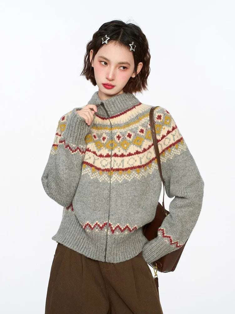 Bxoxo Vintage Harajuku Print Cardigan Sweaters Women Soft Streetwear Long Sleeve Knitted Jacket Retro American Casual Zipper Gray Tops