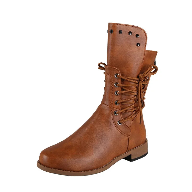BXOXO Women Mid-Calf Boot Fashion Rivet Knight Boots British Style Autumn Winter Female Shoes Cross Lace Morden Booties Botas Mujer PU
