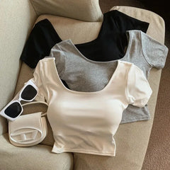Bxoxo Cotton Square Neck T-Shirt Women Summer Solid Korean Casual Slim Crop Tops Female Fashion Streetwear Simple Basic All-Match Tees