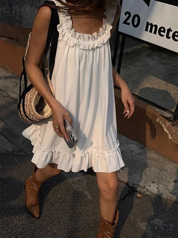 Bxoxo White Sleeveless Ruffles Mini Dress Women Casual Boho Beach Sundress Cute Girl Home Dresses Loose Summer Dress Oversize