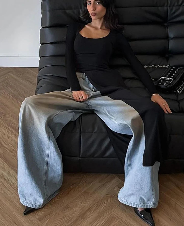 BXOXO Solid Unique Women Tops Classic Concise Autumn Full Sleeve U-neck Skinny Splited Super-Long Tees Popular New Wild T-shirts