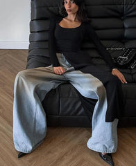 BXOXO Solid Unique Women Tops Classic Concise Autumn Full Sleeve U-neck Skinny Splited Super-Long Tees Popular New Wild T-shirts