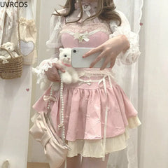 BXOXO Pink Japanese Style Two -piece Set Elegant Women Sweet High Waist Bandage Mini Skirt Matching Suit Kawaii Lolita Camis Tops