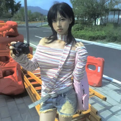 Bxoxo Japanese Style Y2k Sexy T-shirt Off Shoulder Vintage Rainbow Striped Tops Harajuku 2000s Long Sleeve T-Shirt Aesthetics