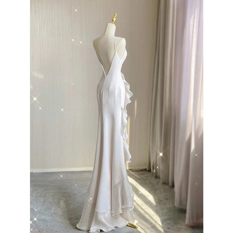 BXOXO Elegant White Round Neck Slim Fit Sleeveless Women Wedding Dress Evening Party Gown with Ruffles Vestidos De Novia