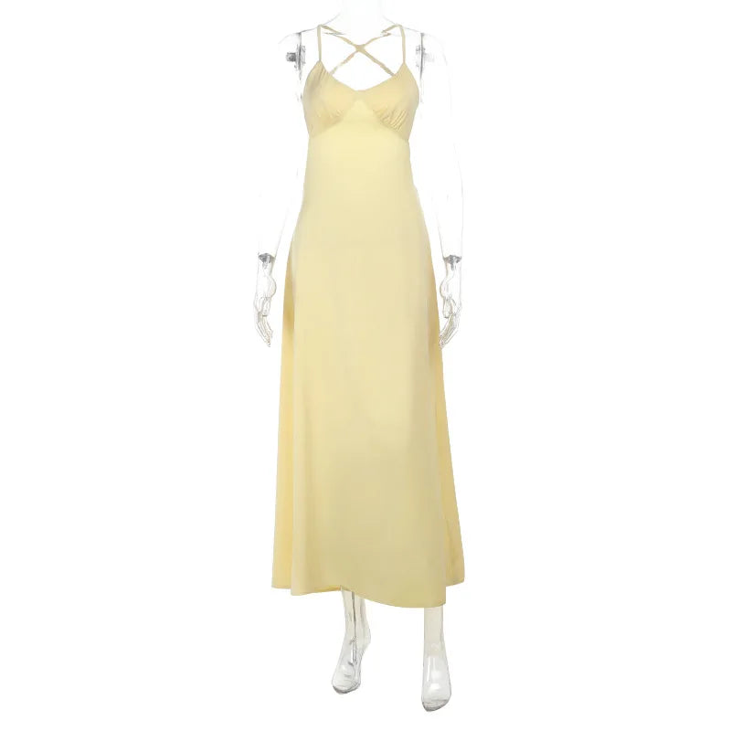 BXOXO Women's Satin Long Slip Dress Solid Color Sleeveless Spaghetti Strap Back Cross Slim Fit Dress Summer Party Clubwear