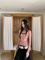 BXOXO Vintage Plaid T Shirt Women O Neck Skinny Tee Tops Streetwear American Retro 90s Crop Tops Autumn  Tshirts Female Chic