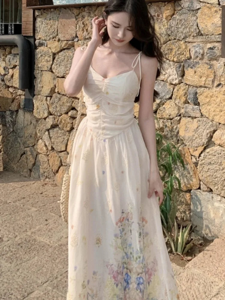 Bxoxo Summer French Print Embroidery Women's Dresses 2025 Prairie Chic Elegant V-Neck Pleated Lace-up Long Dress New Fashion Casual