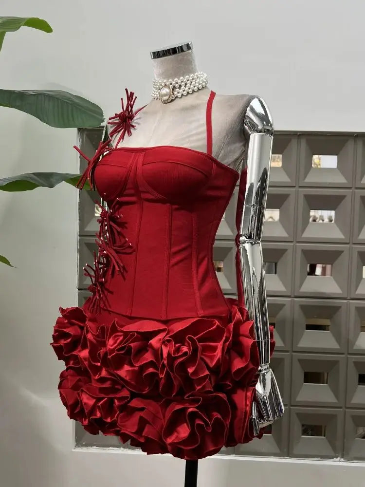 BXOXO Bandage Tight Two Piece Flower Top Mini Skirt Sets Halter Knitted Nightclub Clothing Luxury Party Dress Women's Fashion Outfit