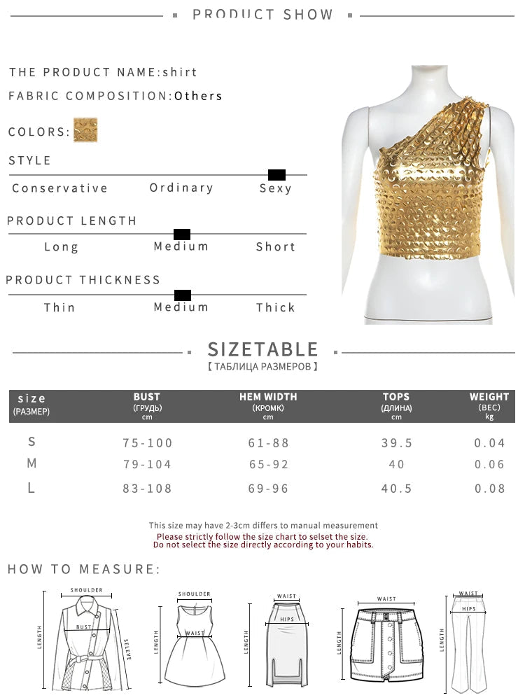 BXOXO Summer Women Sexy Golden Scales Tanks Girl Single Shoulder Bling All-match Party Club Crop Tops Miss Solid Vest