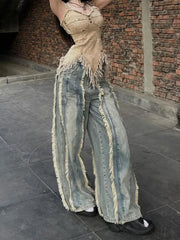 BXOXO Women's Washed Y2K Baggy Japanese 2000s Denim Trouser Vintage Casual Tassels Pants Female Street Trashy Retro High Waist Jeans