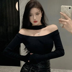 Bxoxo Sexy Halter Sweater Slash Neck Off  Shoulder Pullovers Spring Autumn Women Tops Knitted Korea Style Blue Rose White Black White