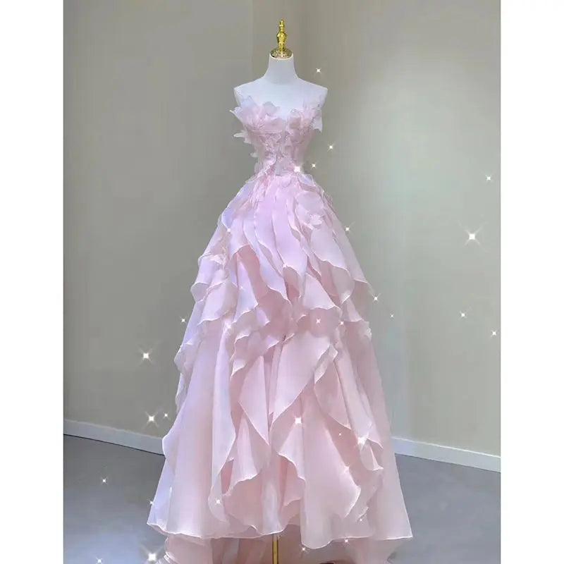 BXOXO Temperament Pink Evening Dress Women Luxury Elegant Ruffles Fairy Birthday Prom Gown Exquisite Sleeveless Bride Banquet Vestido