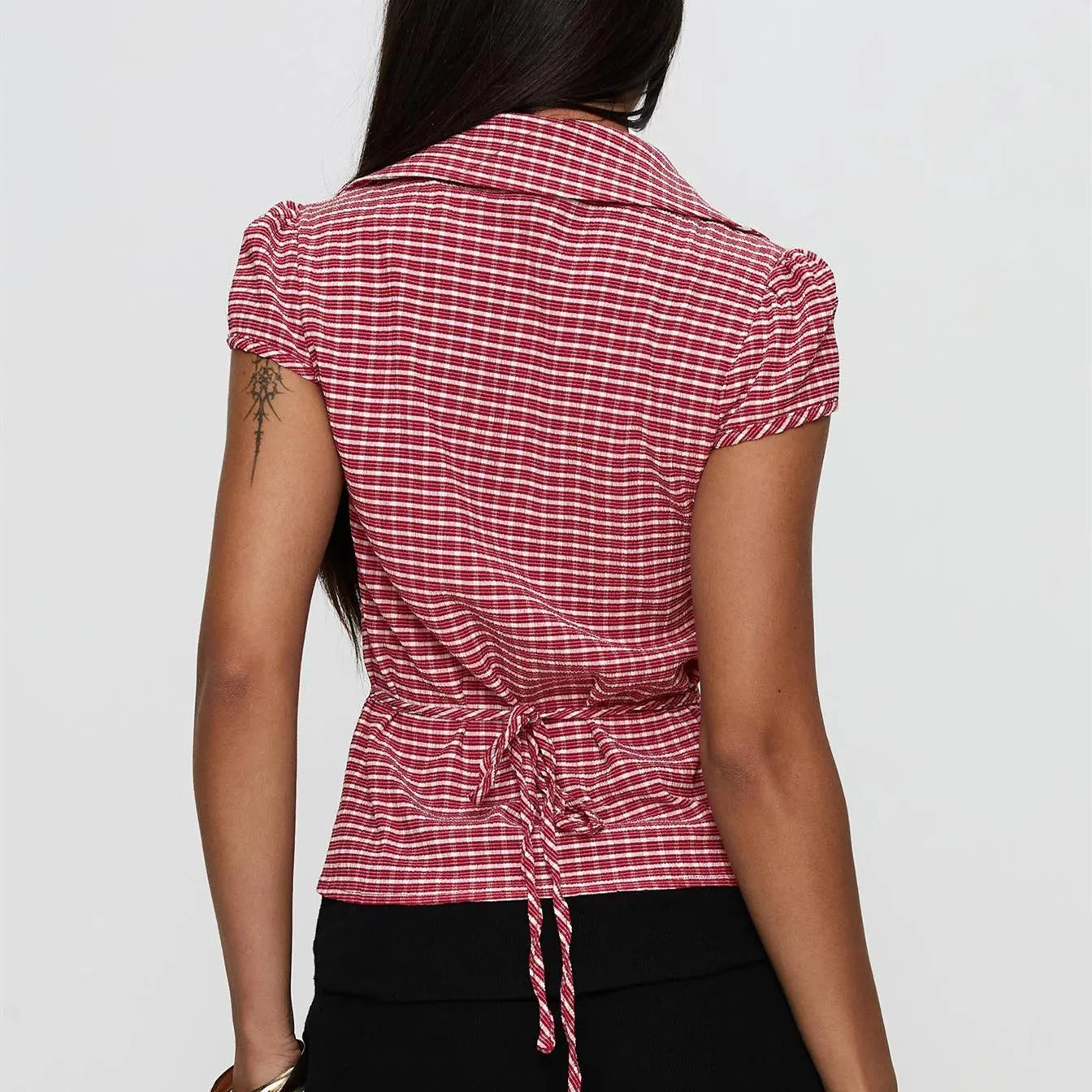 BXOXO Women's Basic Button Down Shirts Cap Sleeve Lapel Collar Tight Blouse Tie Up Back Slim Fit Tops Summer Office Shir