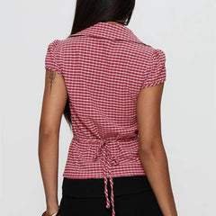 BXOXO Women's Basic Button Down Shirts Cap Sleeve Lapel Collar Tight Blouse Tie Up Back Slim Fit Tops Summer Office Shir